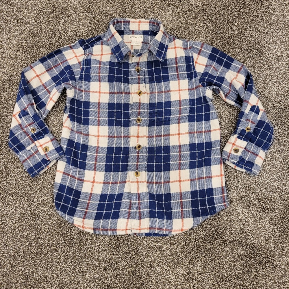 Crewcuts J.Crew Boys Blue White Orange Plaid Flannel Button Down Shirt Size 2